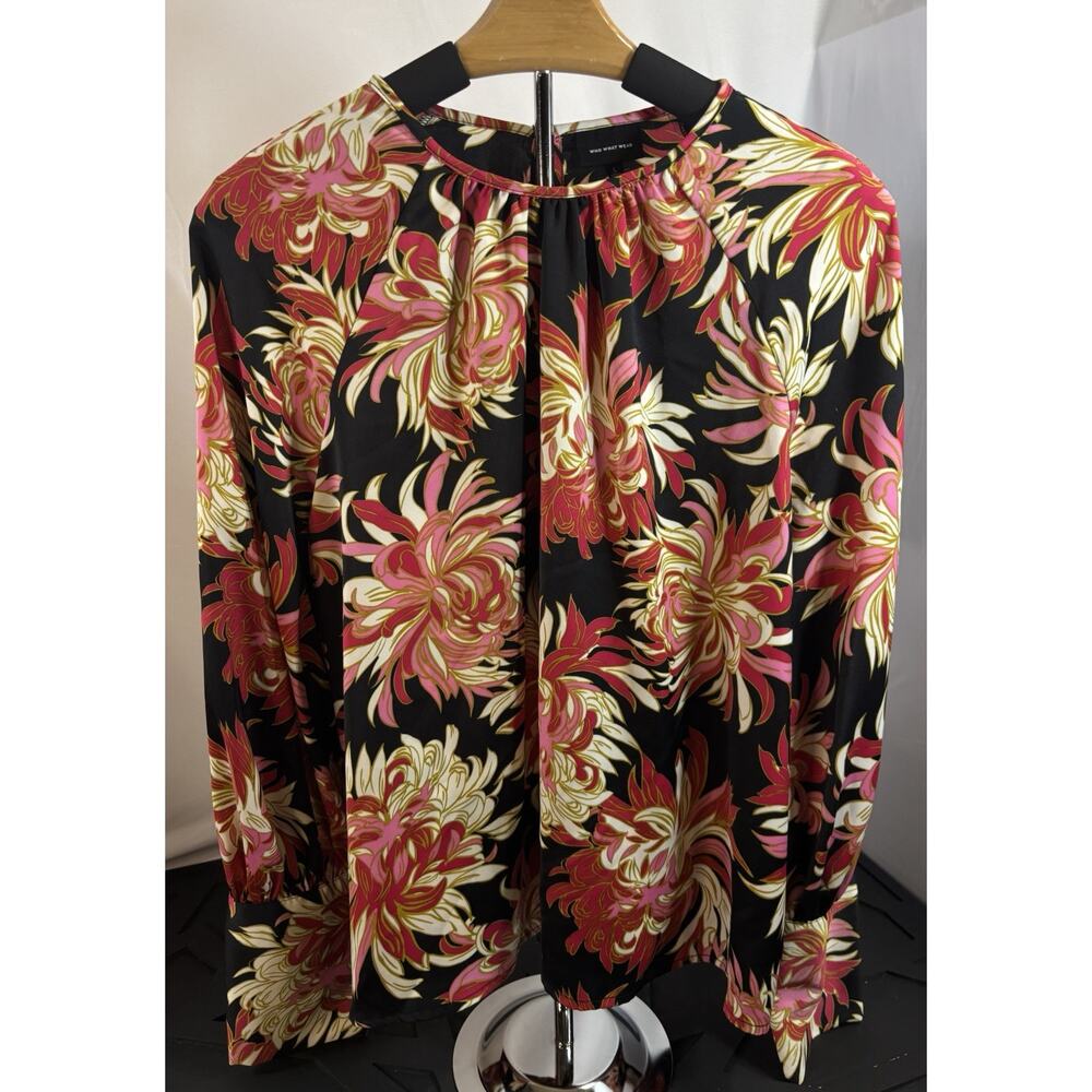 Who What Wear Floral Blouse Womens L Black Pink Long Sleeve Boho Career